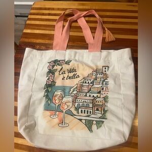White Tote Bag with Pink Handles and Italian Print